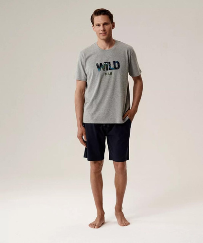 Мъжка пижама NMP-396 - сива тъмносиня и памук, къс ръкав, лека и удобна за лятото