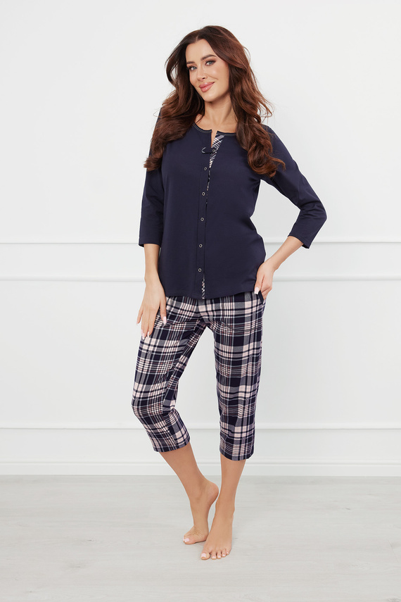 Dona Дамска пижама 3/4 ръкав, 3/4 панталон Италианска мода - тъмносиньо/печат