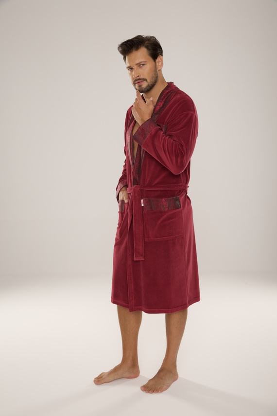 868 Благороден мъжки велурен халат De Lafense - елегантен, мек, първокласен, цвят бордо