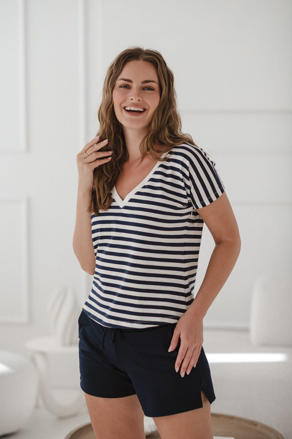 Two Ways двустранна блуза за бременни и кърмене | Къс ръкав, удобно Milk&Love морско синьо и бяло райе