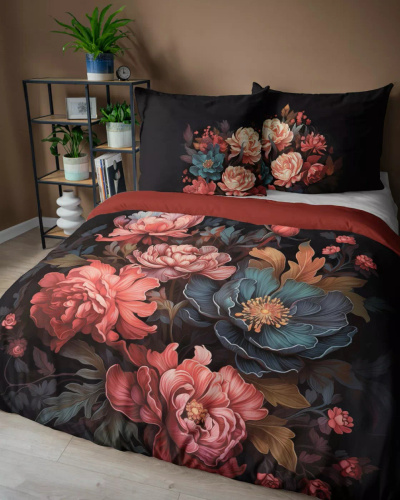 5116 Комплект спално бельо от памук Holland Detexpol, черен с мотив на божур – 100% памук, двустранен, полско производство