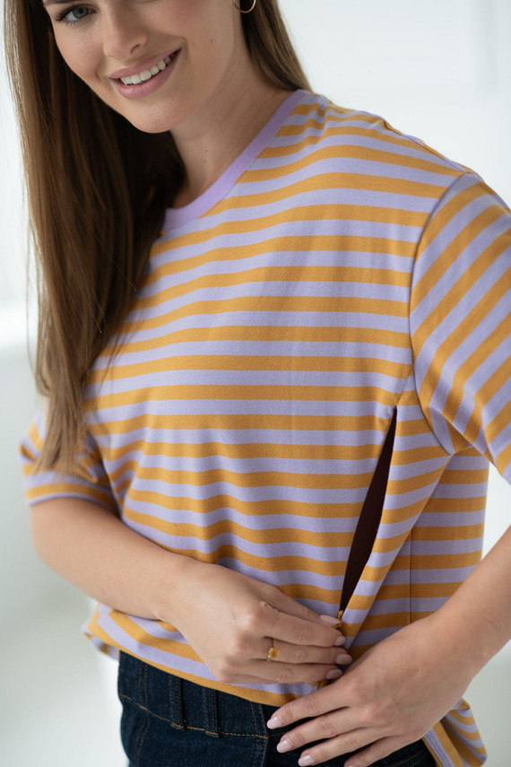 Тениска за бременност и кърмене Mamahood Milk&Love, медено и лилаво райе – удобно и стилно