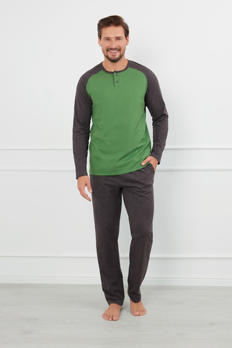 Alexander Мъжка пижама с дълъг ръкав и дълъг панталон Италианска мода - зелена/c.меланж