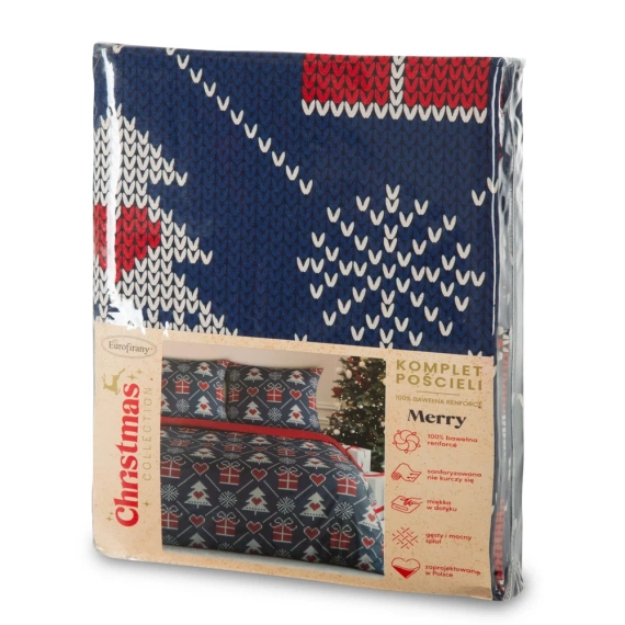 Спално бельо Merry Christmas от памучни евро пердета - тъмносини
