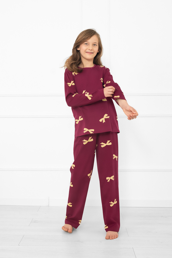 Пижама за момичета Kwadro Italian Fashion - памук, дълъг ръкав, панделки