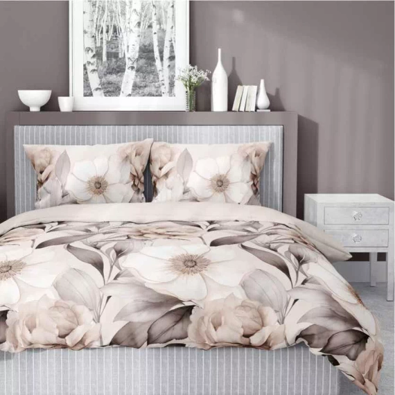 5220 A Сатенено спално бельо с щриховани цветя Detexpol бежово