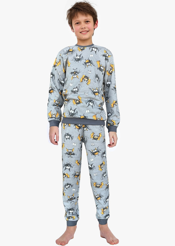 Пижами за момчета Cornette Bat 2 264/182, 263/182, сиви - памучни, с дълъг ръкав, с шарка на прилеп