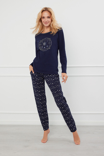 Arugia Дамска пижама с дълъг ръкав и дълъг панталон Италианска мода - морско синьо/принт