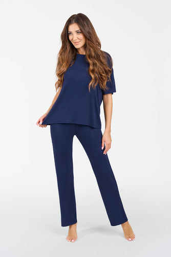 Akord Дамски комплект с къс ръкав и дълъг панталон Италианска мода - тъмно синьо 