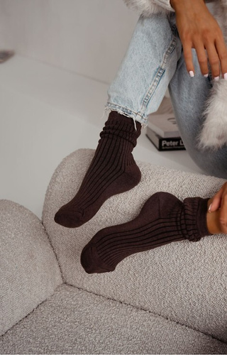 0118-015 Дамски хавлиени чорапи Милена, кафяви - оребрени, топли и удобни