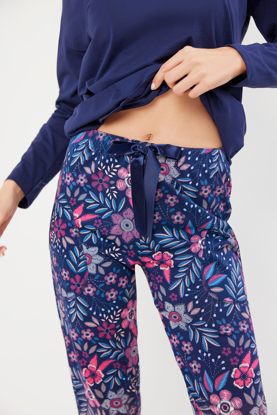 Folk Дамска пижама с дълъг ръкав и дълъг панталон Италианска мода - морско синьо/принт