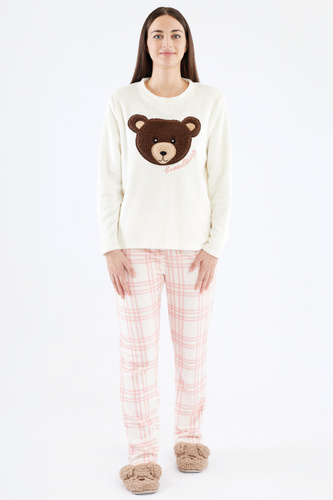 Дамска пижама Madlen Sorbetto екрю - полар, с бродерия на мече и панталон на каре