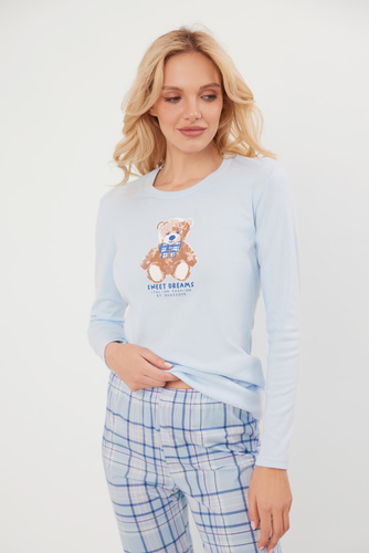 Katrin Дамска пижама с дълъг ръкав и дълъг панталон Италианска мода - синьо/печат