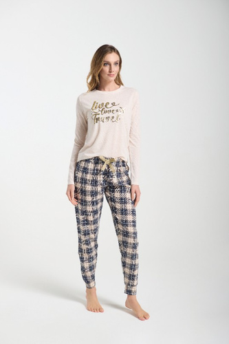 Дамска пижама Bessy Beige Sorbetto - трико, златен принт, панталон на каре