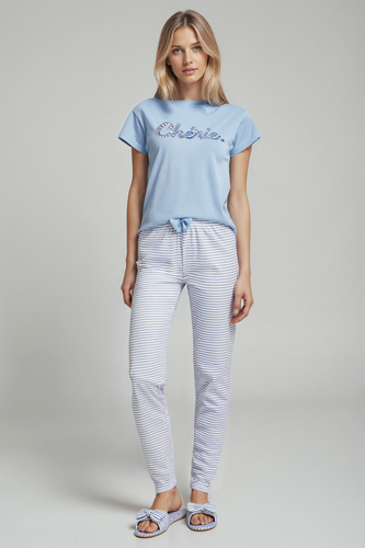 Juliana Sorbetto blue – дамска пижама 100% памук, с бродерия и панталон на дълги райета