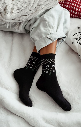 1283-035 Дамски коледни чорапи Милена, черни - цветни, памучни, с лурекс