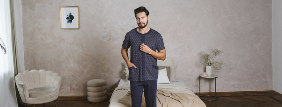 Ricardo Мъжка пижама с къс ръкав и дълъг панталон Италианска мода - тъмносиньо