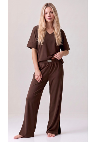 Luna 1314 кафява дамска пижама oversize 100% памук широки панталони