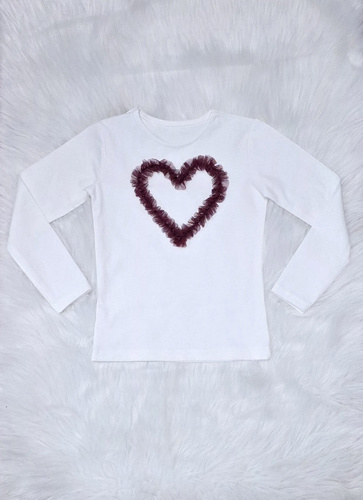 Блуза за момиче Mia Bambarillo в екрю бордо с лък и сърце - памук и тюл