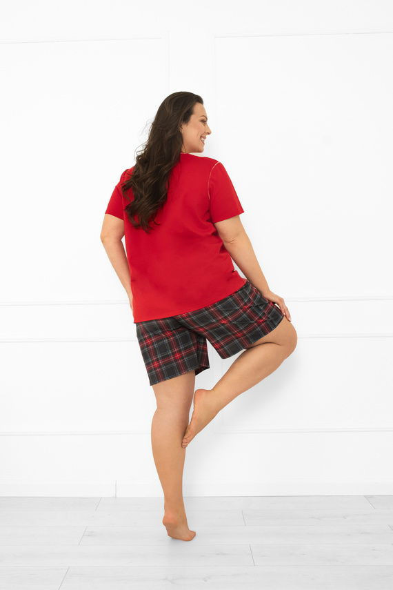 Дамска пижама Italian Fashion в червено - памук, къс ръкав и къс панталон, карирана 