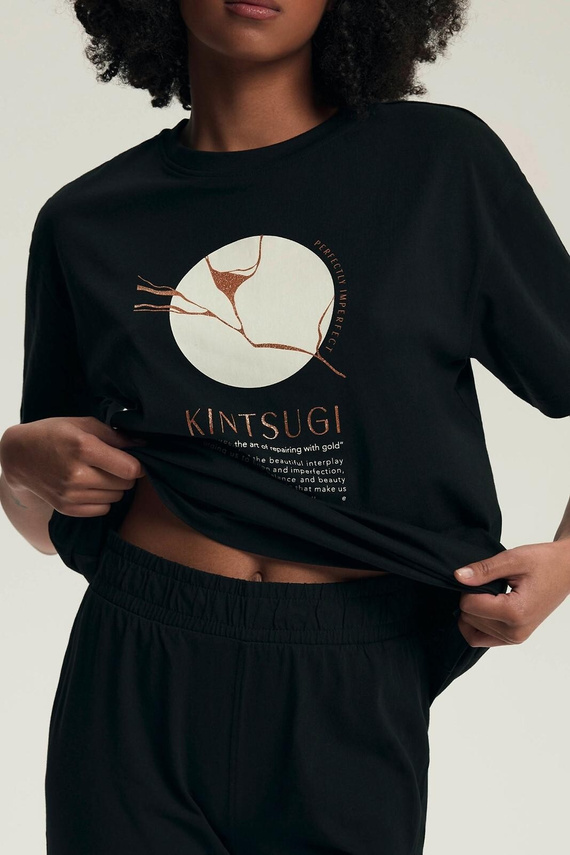 Дамски пижамен комплект 43728 Dairoku черен - памук, къс ръкав, капри панталон