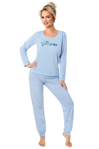 Дамска пижама Donna Star Long, синя - памучна, с дълъг ръкав, опакована в найлонов плик