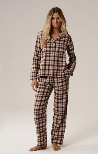 NLP-505 Дамска пижама Atlantic Brown - фланелена, с копчета, карирана, памучна