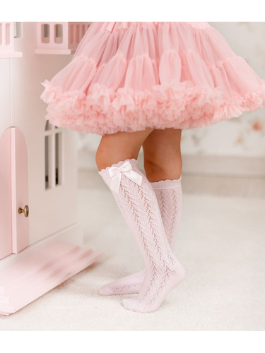 1382 Детски ажурни чорапи до коляното с панделка - памучни Милена, пудрово розови