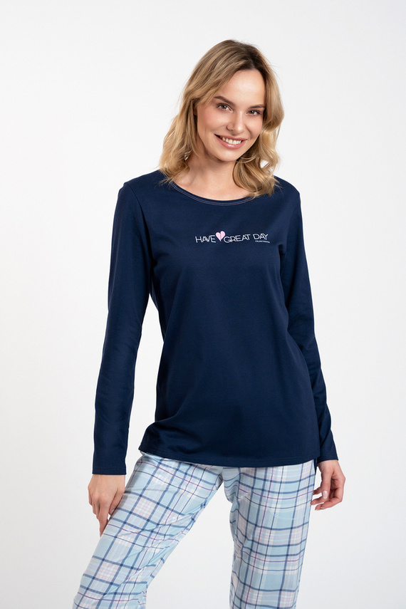Glamour Дамска пижама с дълъг ръкав и дълъг панталон Италианска мода - морско синьо/принт