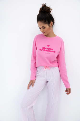 Дамска пижама Malaya Sensis - памучна тениска и дълъг панталон с панделка