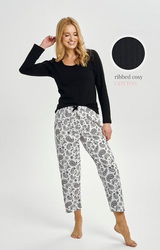 3454 Дамска памучна пижама Taro, черна - дълъг ръкав, шарен панталон