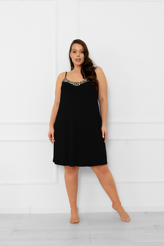 Нощница на италианската мода Kongo - черна, без презрамки, с леопардов принт