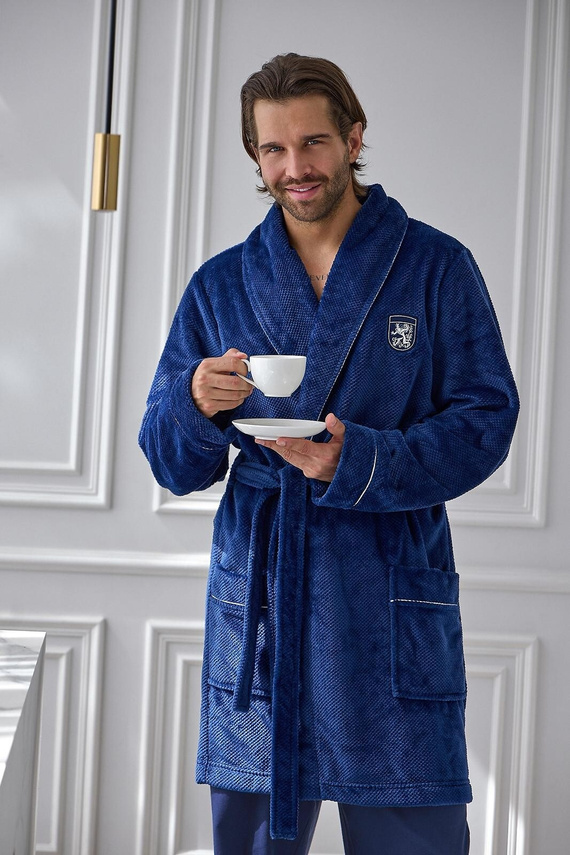 L&L Elegant 2664 Мъжки къс халат от вафлен плат, мек с яка, тъмносин