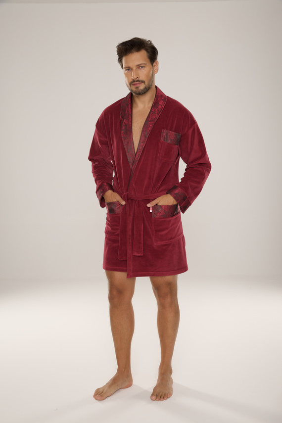 866 Noble Мъжки велурен халат De Lafense - къс, елегантен, памук - бордо
