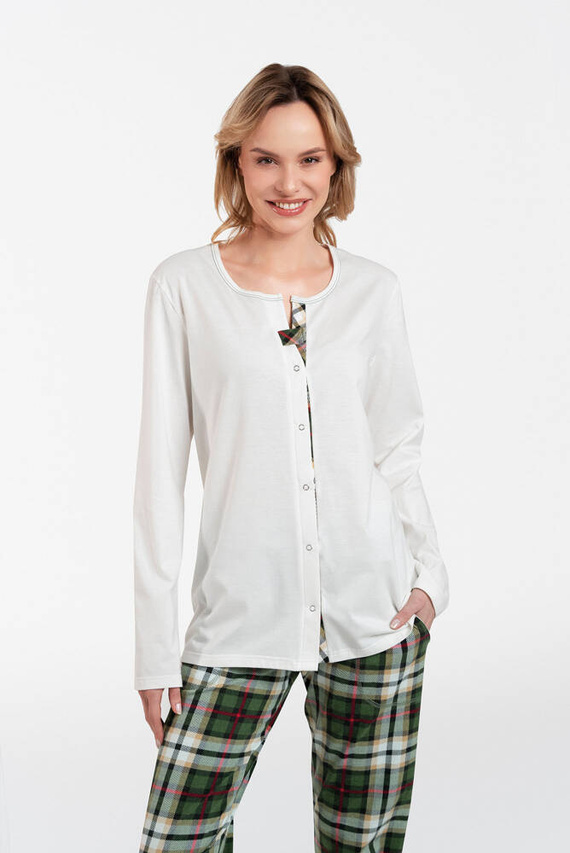 Asama Дамска пижама с разкопчани копчета, дълъг ръкав и дълъг панталон Италианска мода - екрю/принт