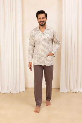 Мъжка памучна пижама Regina 486 бежово - дълги ръкави, закопчаване с копчета, класическа кройка