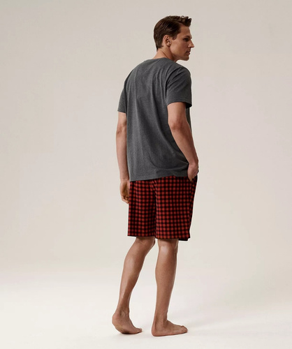 Мъжка пижама NMP-397 - сиво-червена памучна, с къс ръкав, лека и удобна за лятото