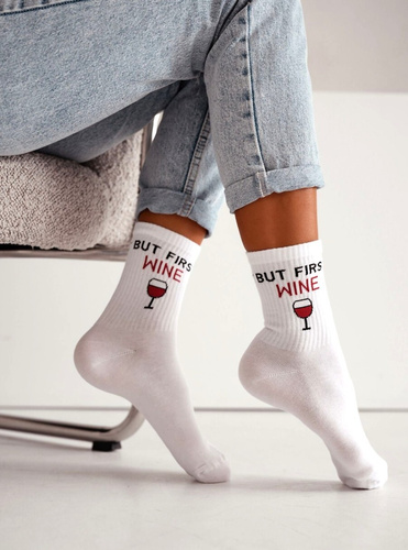 Дамски памучни чорапи Milena 0200-240 But First Wine – удобни, рипсени white