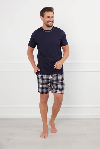 Edwin Мъжка пижама с къс ръкав, къси панталони Италианска мода - тъмносиньо/печат