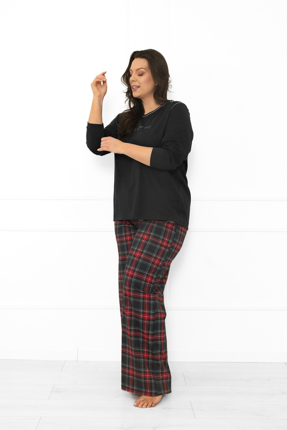 Италианска мода дамска пижама, тъмен меланж-памук, дълъг ръкав и панталон, карирана 