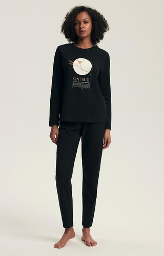 43727 Дамска пижама Dairoku Henderson, черна - памук, с дълъг ръкав и панталон