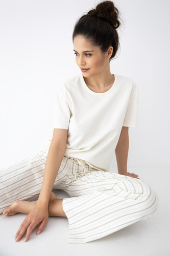 Дамска пижама Soleil Sensis ecru-бежова, памук, къс ръкав, дълъг панталон