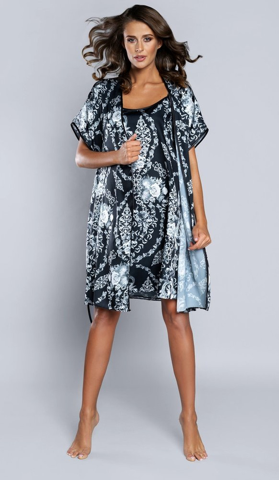 Сребърен дамски халат с къс ръкав от сатен Италианска мода - тъмносин 