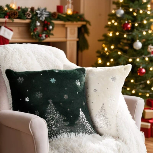 Коледна калъфка Eurofirany Chp 293 45x45 пухкава със фолиен печат 280 г/м² тъмнозелена