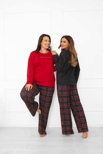 Италианска мода дамска пижама, тъмен меланж-памук, дълъг ръкав и панталон, карирана 