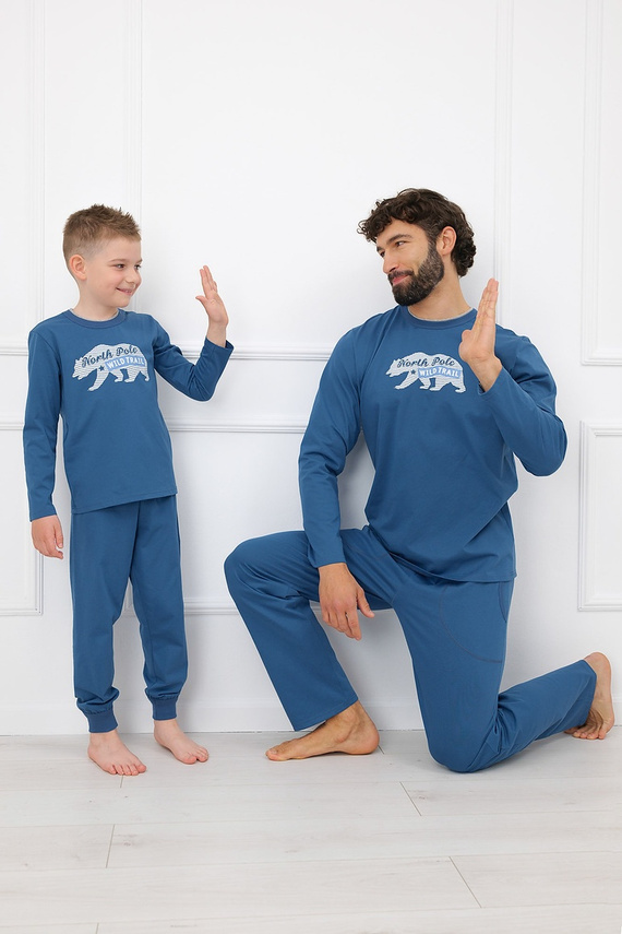 Мъжка пижама Italian Fashion Kasim 100% памук, дълга, с мече и джобове - дънкова