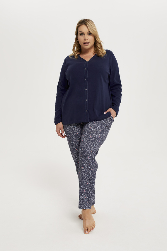 Sajna Дамска пижама с дълъг ръкав и дълъг панталон Италианска мода - морско синьо/принт