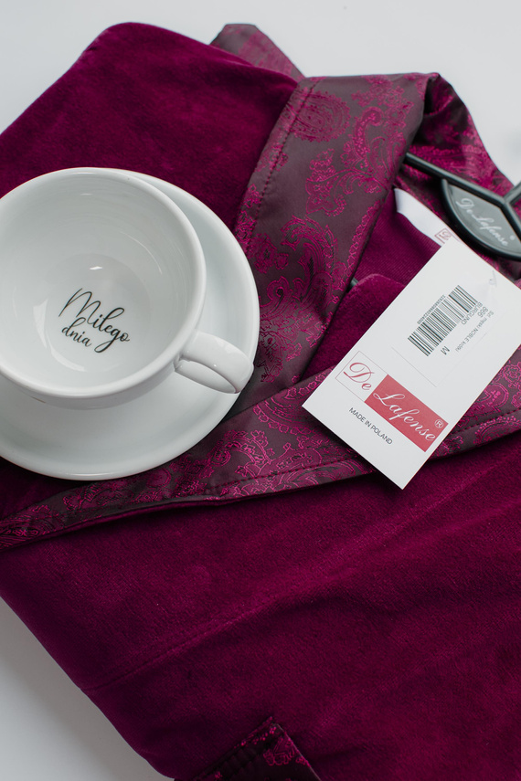 866 Noble Мъжки велурен халат De Lafense - къс, елегантен, памук - бордо