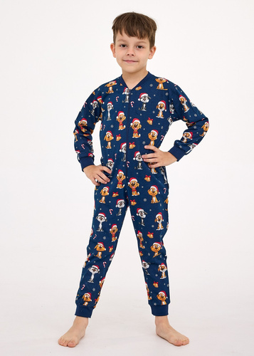 185/180 186/180 Детски коледен гащеризон за момче с щампа „Куче 2“ – памук, дълъг ръкав, коледен принт