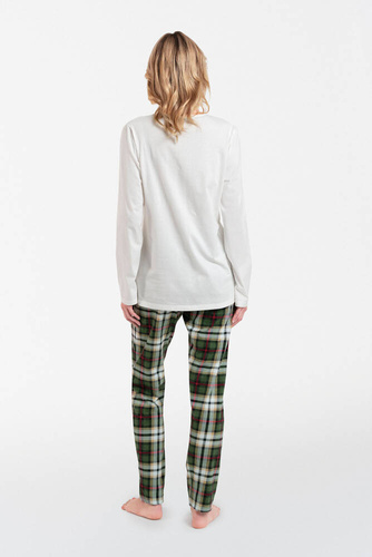 Asama Дамска пижама с разкопчани копчета, дълъг ръкав и дълъг панталон Италианска мода - екрю/принт